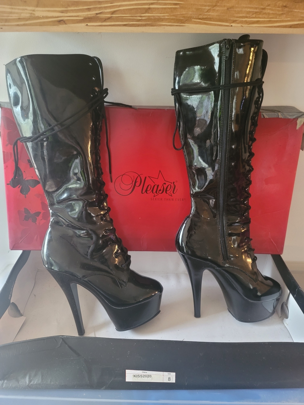 Pleaser Black Patent Platform Knee-High Lace-Up Boots